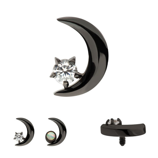 Black PVD Titanium Internally Threaded Crescent Moon with CZ/Opal Top