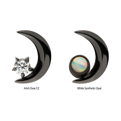 Black PVD Titanium Internally Threaded Crescent Moon with CZ/Opal Top