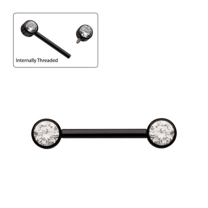 Black PVD Titanium Internally Threaded Bezel Set Gem End Nipple Barbell (One Side Fixed, One Side Internally Threaded ) | Sold by piece