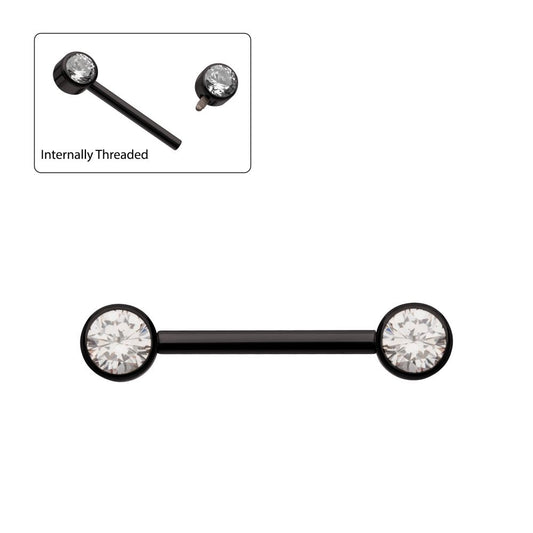 Black PVD Titanium Internally Threaded Bezel Set Gem End Nipple Barbell (One Side Fixed, One Side Internally Threaded ) | Sold by piece