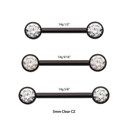 Black PVD Titanium Internally Threaded Bezel Set Gem End Nipple Barbell (One Side Fixed, One Side Internally Threaded ) | Sold by piece