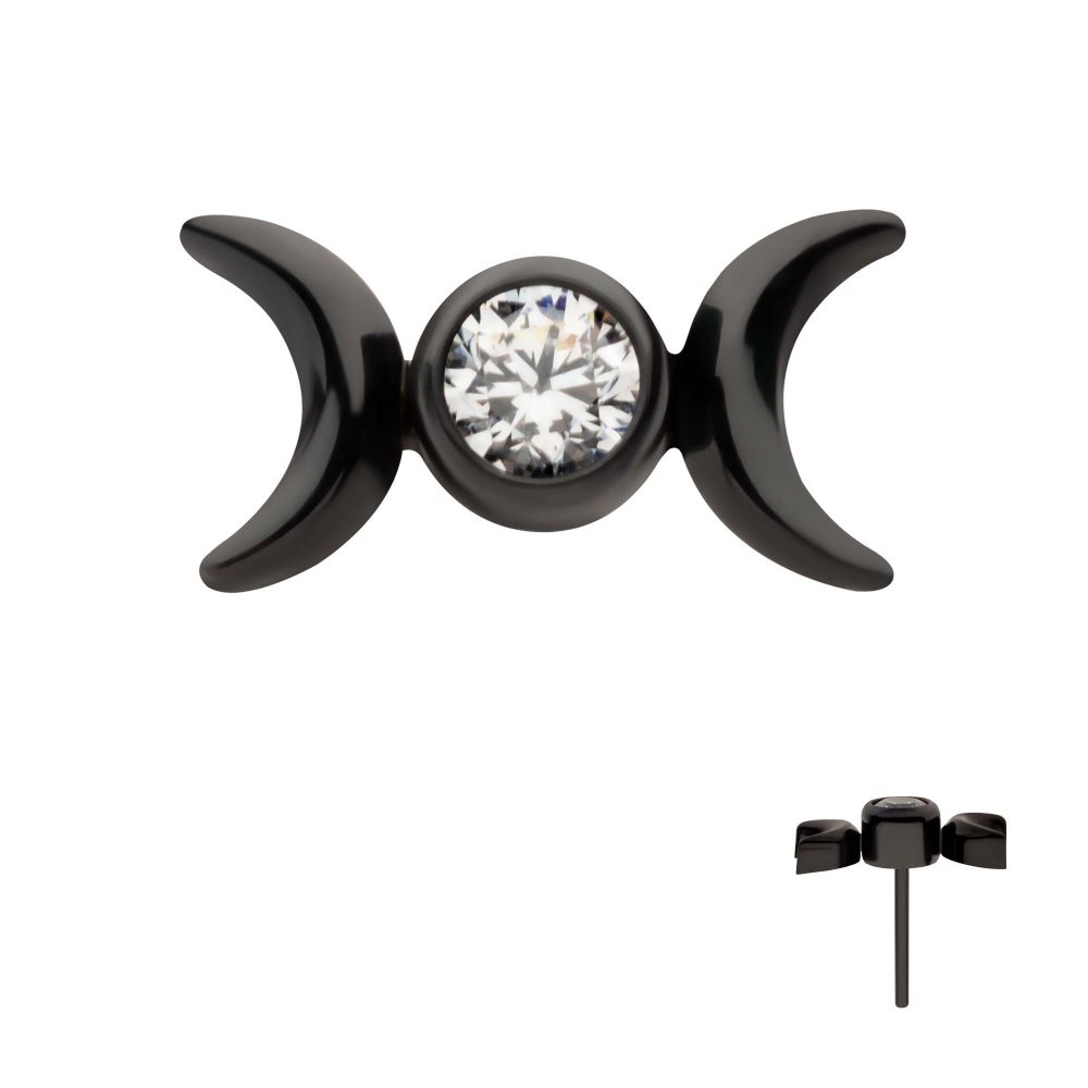 Black PVD Titanium Threadless Bezel Set CZ Triple Moon Phase Top