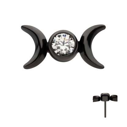 Black PVD Titanium Threadless Bezel Set CZ Triple Moon Phase Top