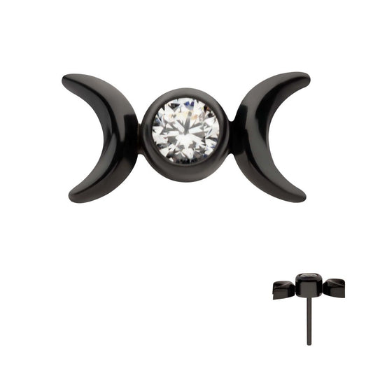 Black PVD Titanium Threadless Bezel Set CZ Triple Moon Phase Top
