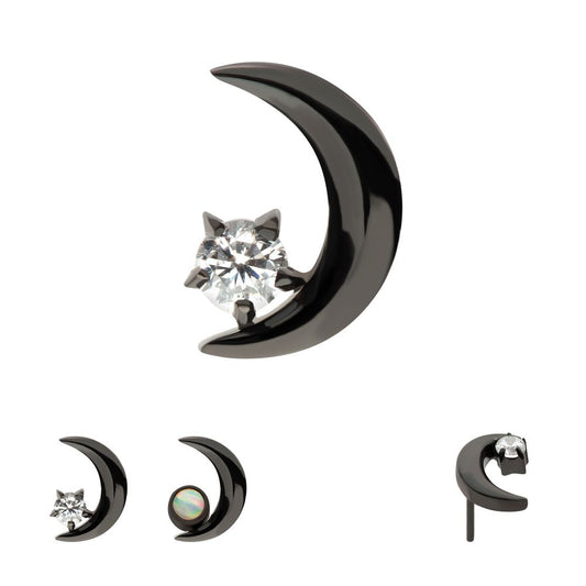 Black PVD Titanium Threadless Crescent Moon with CZ/Opal Top