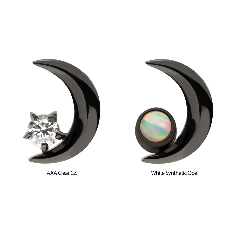Black PVD Titanium Threadless Crescent Moon with CZ/Opal Top