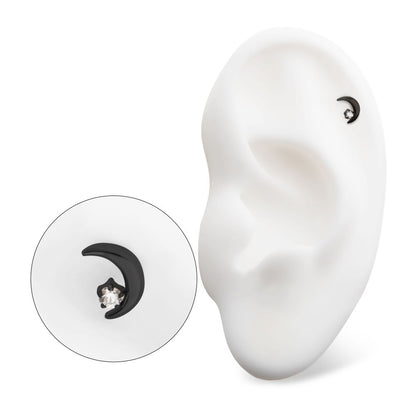 Black PVD Titanium Threadless Crescent Moon with CZ/Opal Top