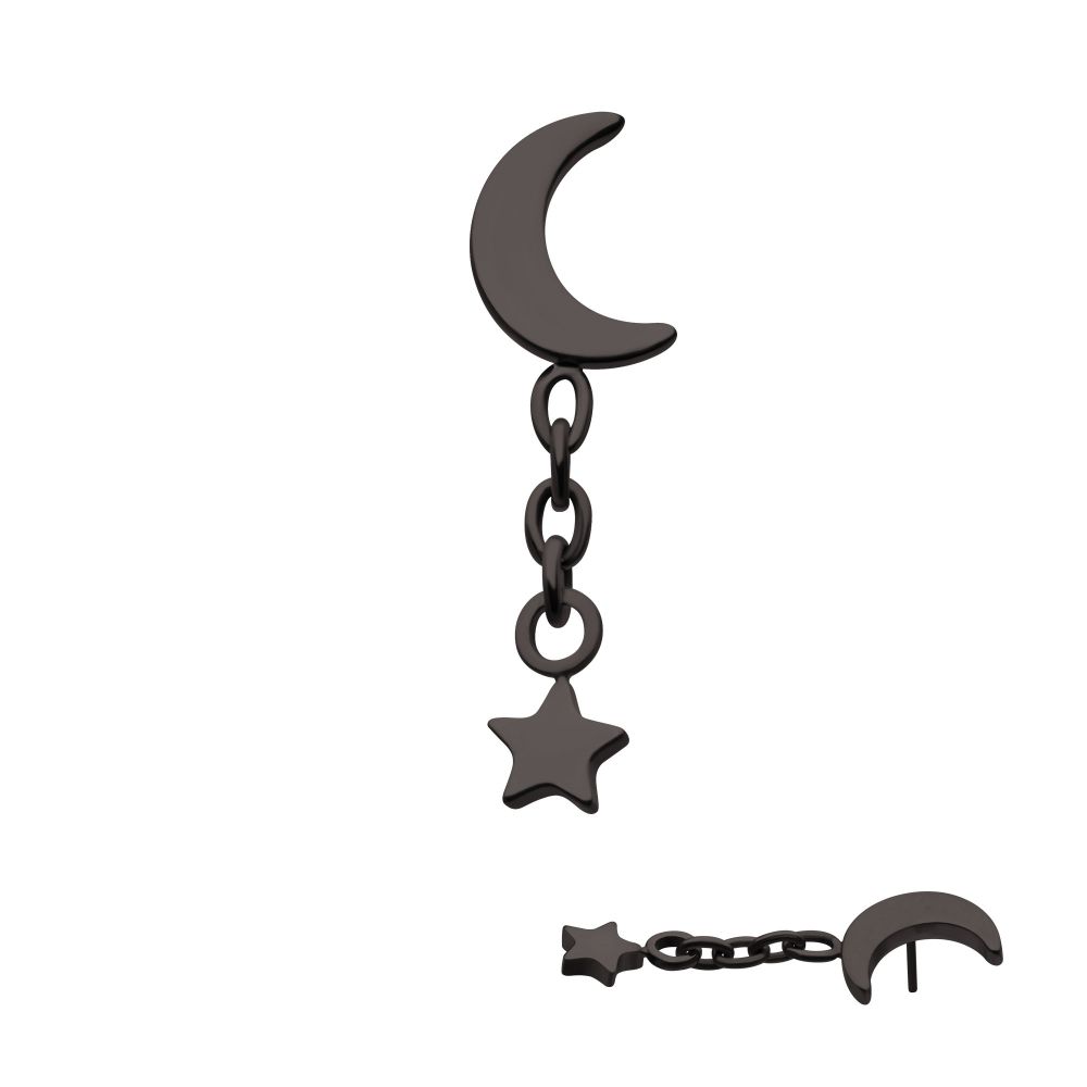 Black PVD Titanium Threadless Crescent Moon Top with Star Dangle