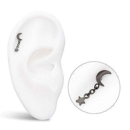 Black PVD Titanium Threadless Crescent Moon Top with Star Dangle