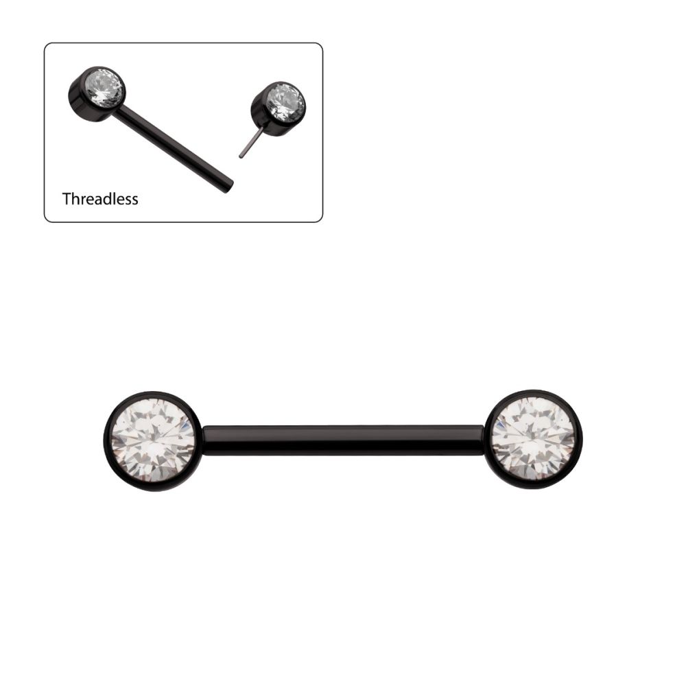 Black PVD Titanium Threadless Bezel Set Gem End Nipple Barbell (One Side Fixed, One Side Threadless ) | Sold by piece