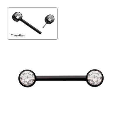 Black PVD Titanium Threadless Bezel Set Gem End Nipple Barbell (One Side Fixed, One Side Threadless ) | Sold by piece
