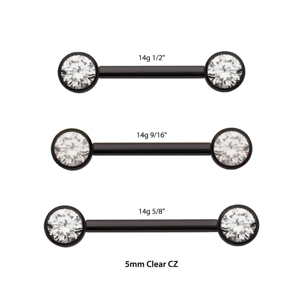 Black PVD Titanium Threadless Bezel Set Gem End Nipple Barbell (One Side Fixed, One Side Threadless ) | Sold by piece