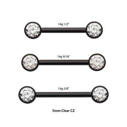 Black PVD Titanium Threadless Bezel Set Gem End Nipple Barbell (One Side Fixed, One Side Threadless ) | Sold by piece