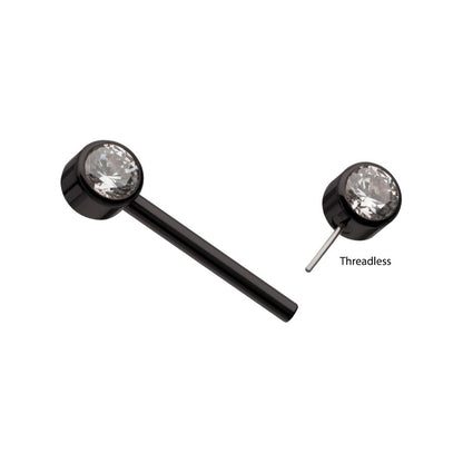 Black PVD Titanium Threadless Bezel Set Gem End Nipple Barbell (One Side Fixed, One Side Threadless ) | Sold by piece