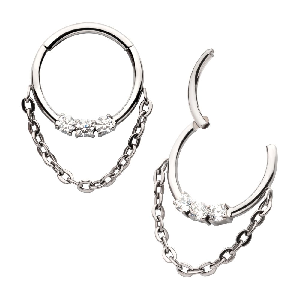 Titanium 3-Cluster Prong Set Round CZ Front Facing Hinged Segment Clicker with Dangle Chain