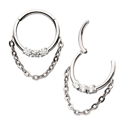 Titanium 3-Cluster Prong Set Round CZ Front Facing Hinged Segment Clicker with Dangle Chain