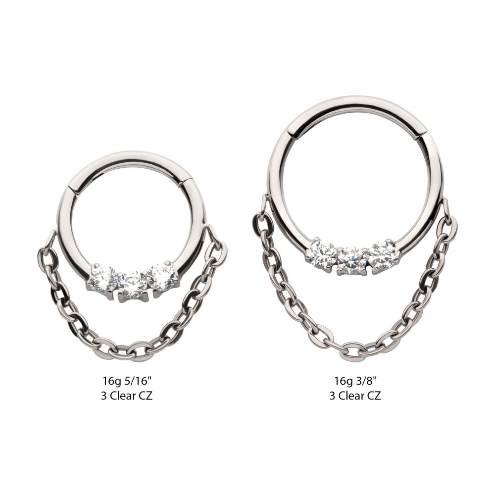 Titanium 3-Cluster Prong Set Round CZ Front Facing Hinged Segment Clicker with Dangle Chain