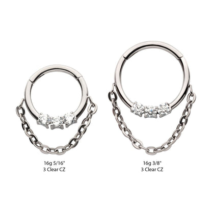 Titanium 3-Cluster Prong Set Round CZ Front Facing Hinged Segment Clicker with Dangle Chain