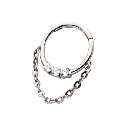 Titanium 3-Cluster Prong Set Round CZ Front Facing Hinged Segment Clicker with Dangle Chain