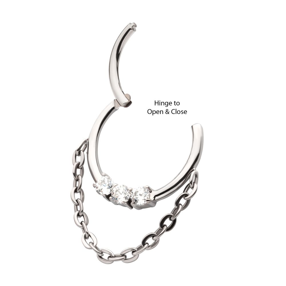 Titanium 3-Cluster Prong Set Round CZ Front Facing Hinged Segment Clicker with Dangle Chain