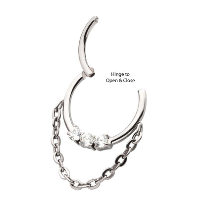 Titanium 3-Cluster Prong Set Round CZ Front Facing Hinged Segment Clicker with Dangle Chain