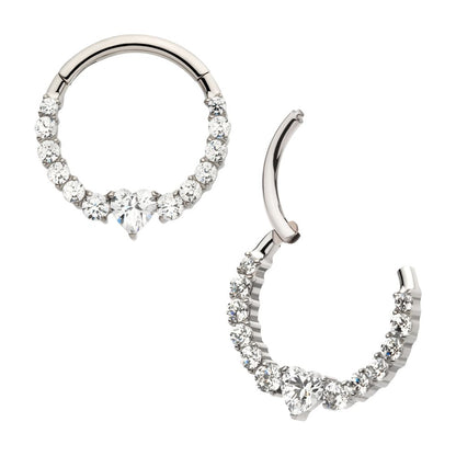 Titanium Clustered Prong Set Round CZ with Center Heart CZ Front Facing Hinged Segment Clicker