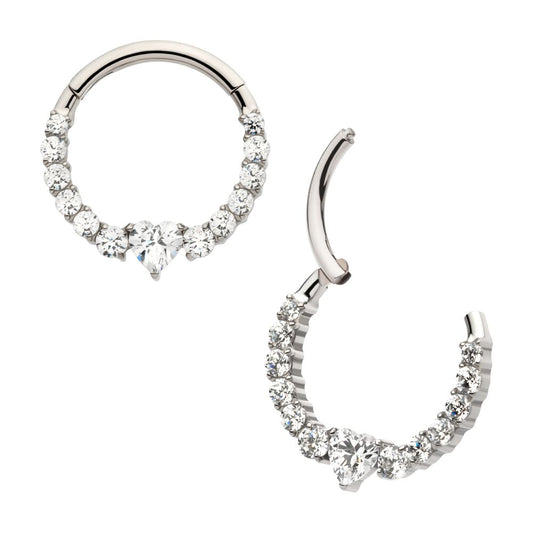 Titanium Clustered Prong Set Round CZ with Center Heart CZ Front Facing Hinged Segment Clicker