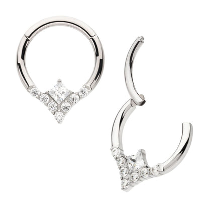 Titanium Clustered Prong Set Round CZ with Center Princess Gem Front Facing Hinged Segment Clicker