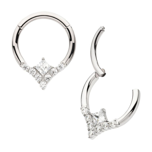 Titanium Clustered Prong Set Round CZ with Center Princess Gem Front Facing Hinged Segment Clicker