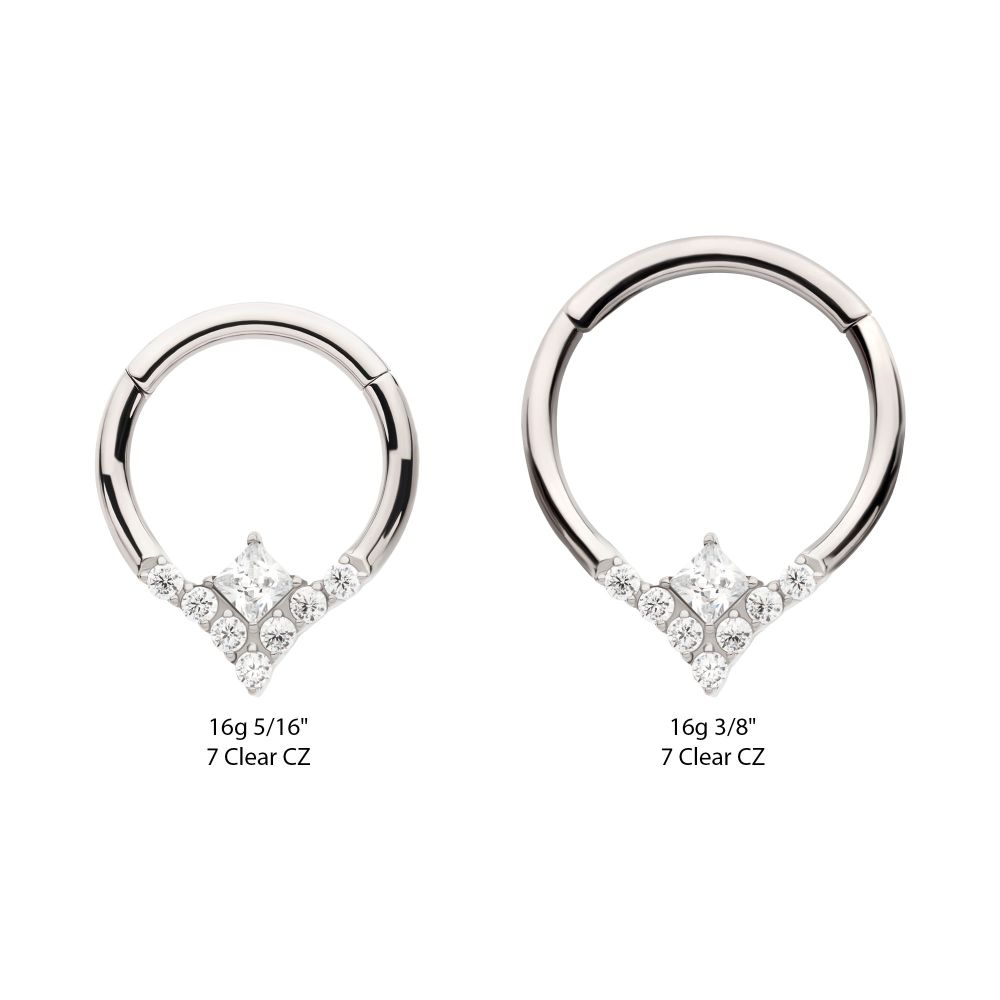 Titanium Clustered Prong Set Round CZ with Center Princess Gem Front Facing Hinged Segment Clicker