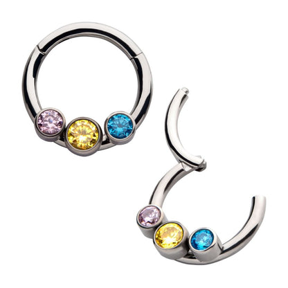 Titanium with Bi-Trans-Pan Bezel Set CZ 3-Cluster Front Facing Hinged Segment Clicker