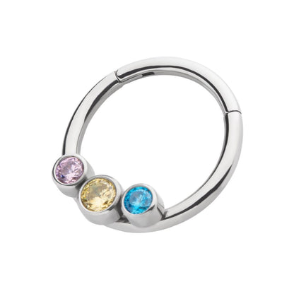 Titanium with Bi-Trans-Pan Bezel Set CZ 3-Cluster Front Facing Hinged Segment Clicker