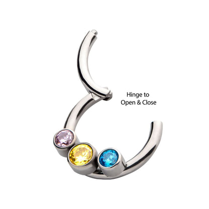 Titanium with Bi-Trans-Pan Bezel Set CZ 3-Cluster Front Facing Hinged Segment Clicker