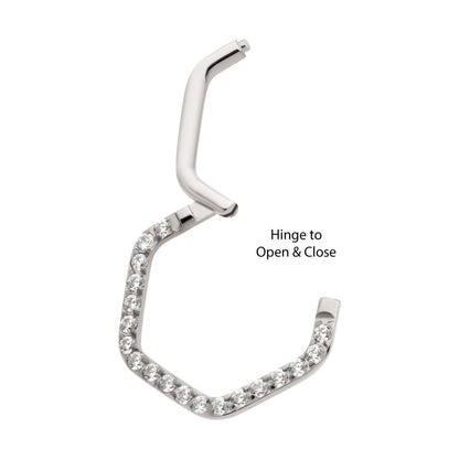 Titanium with 1mm CNC Set Clear CZ Eternity Hexagon Shape Front Facing Hinged Segment Clicker