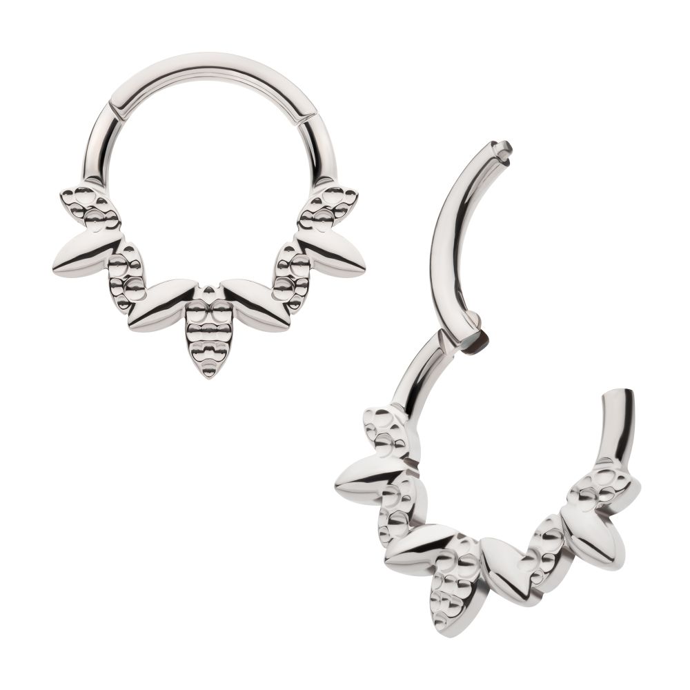 Titanium Clustered Hammered & Shiny  3-Petal Flower Front Facing Hinged Segment Clicker