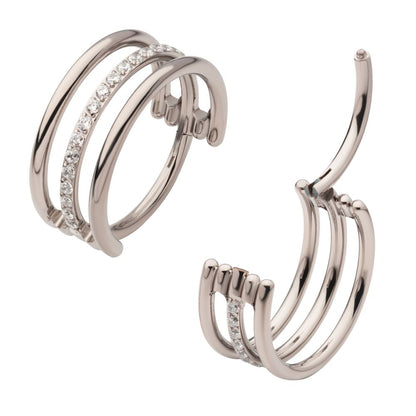 Titanium with CNC Set Clear CZ in the Center Hoop Triple Row Side Facing Hinged Segment Clicker