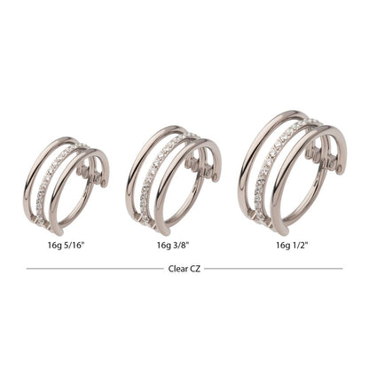 Titanium with CNC Set Clear CZ in the Center Hoop Triple Row Side Facing Hinged Segment Clicker