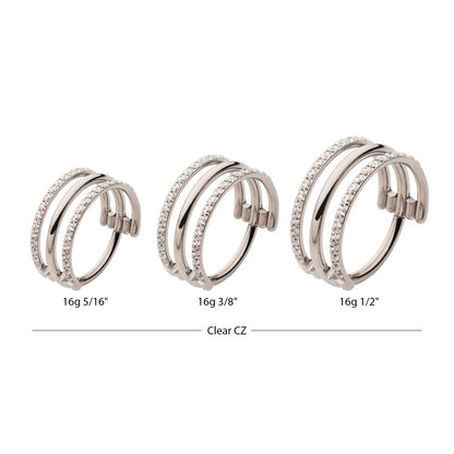 Titanium with CNC Set Clear CZ in 2 Side Hoops Triple Row Side Facing Hinged Segment Clicker