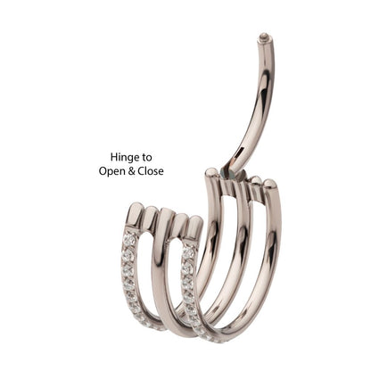 Titanium with CNC Set Clear CZ in 2 Side Hoops Triple Row Side Facing Hinged Segment Clicker