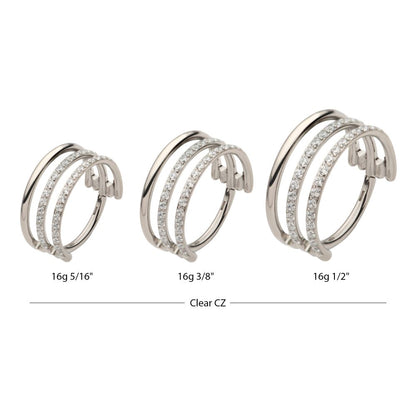 Titanium with CNC Set Clear CZ in 2 Consecutive Hoops Triple Row Side Facing Hinged Segment Clicker