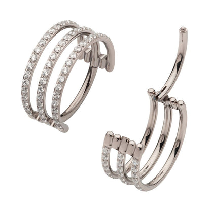 Titanium with CNC Set Clear CZ Hoops Triple Row Side Facing Hinged Segment Clicker