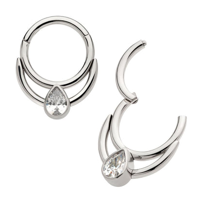 Titanium Double Hoop with Pear-Shaped Gem Front Facing Hinged Segment Clicker