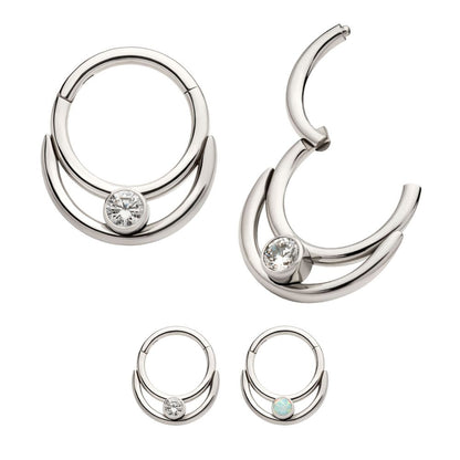Titanium Double Hoop with Round Bezel Set Gem/Opal Front Facing Hinged Segment Clicker