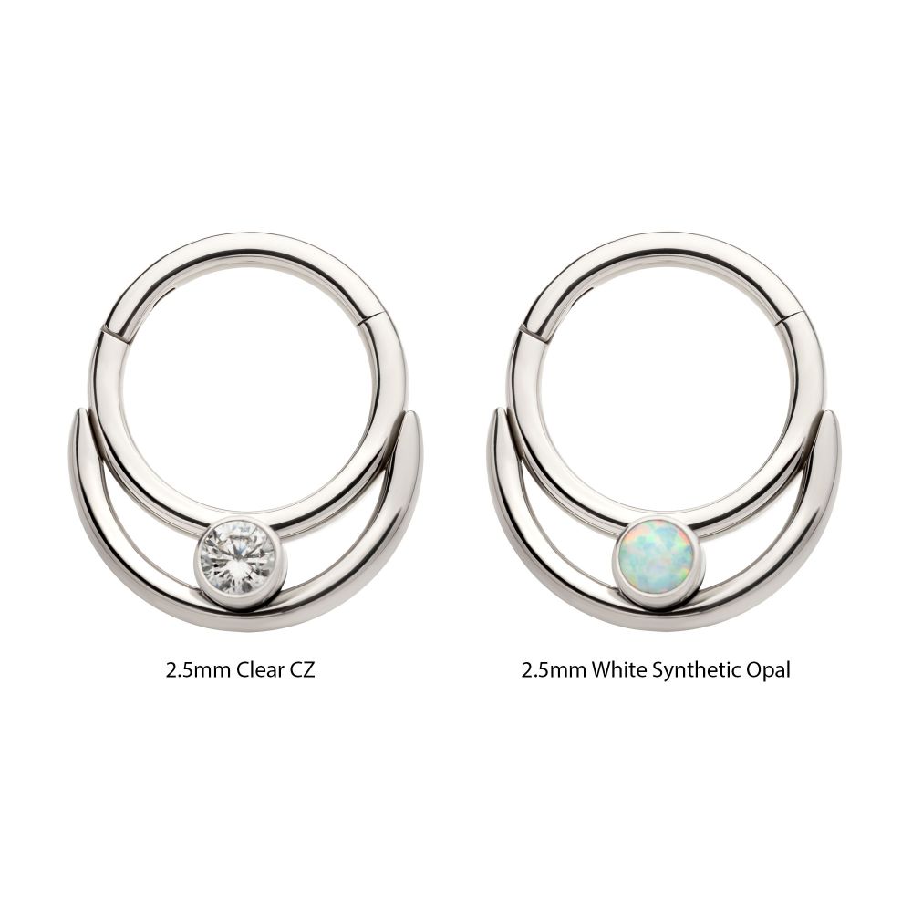Titanium Double Hoop with Round Bezel Set Gem/Opal Front Facing Hinged Segment Clicker