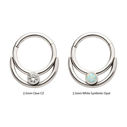 Titanium Double Hoop with Round Bezel Set Gem/Opal Front Facing Hinged Segment Clicker