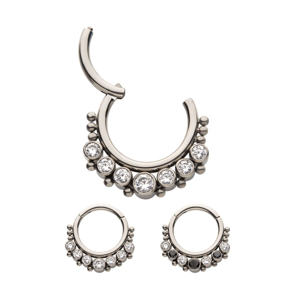 Titanium with 7 Cluster Bezel Set CZ & Beads Front Facing Hinged Segment Clicker
