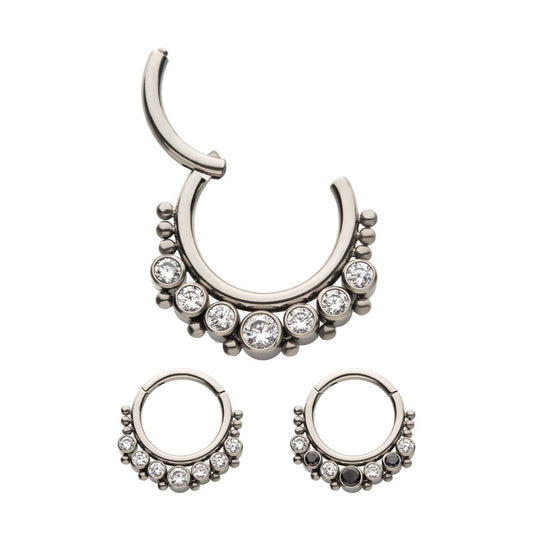 Titanium with 7 Cluster Bezel Set CZ & Beads Front Facing Hinged Segment Clicker