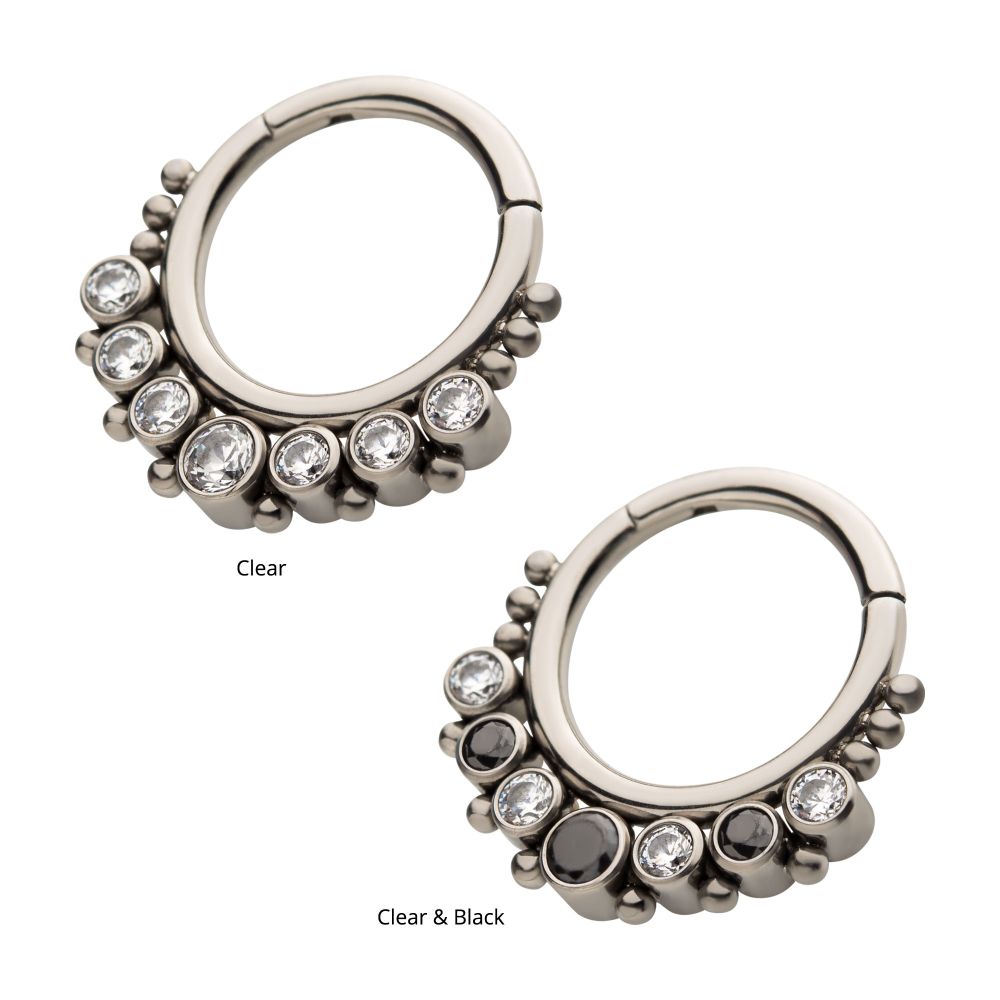 Titanium with 7 Cluster Bezel Set CZ & Beads Front Facing Hinged Segment Clicker