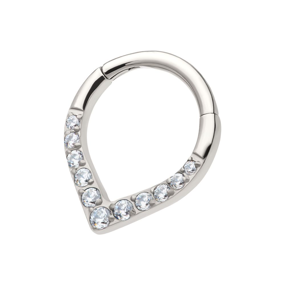 Titanium CNC Set Round CZ/Opal Front Facing Teardrop Shape Hinged Segment Clicker