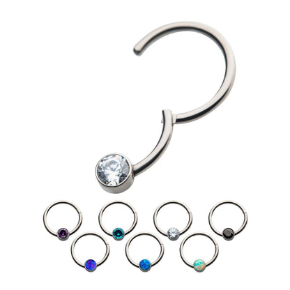 18g Titanium with Bezel Set CZ/Synthetic Opal Flat Back Front Facing Hinged Segment Ring